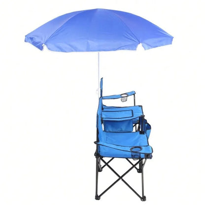 Portable Outdoor 2-Seat Folding Chair With Removable Sun Umbrella Blue