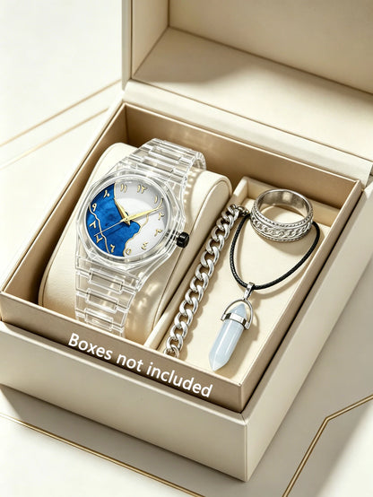 Unisex Casual Fashion Quartz Watch Set with Jewelry Accessories Transparent Case for Daily Wear Holiday Gift