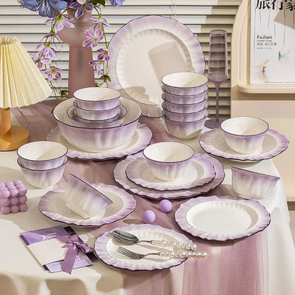 Kitchen Dishware Gift Box Set Gradient Purple Dishware Set Household French Ceramic Rice Bowls and Plates Set Household Smoky Purple Dyed Dishware