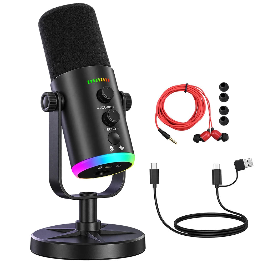 Dynamic Gaming Microphone, XLR/USB Mic Streaming, AI Noise Cancellation, Controlable RGB, Tap Mute, Volume Control