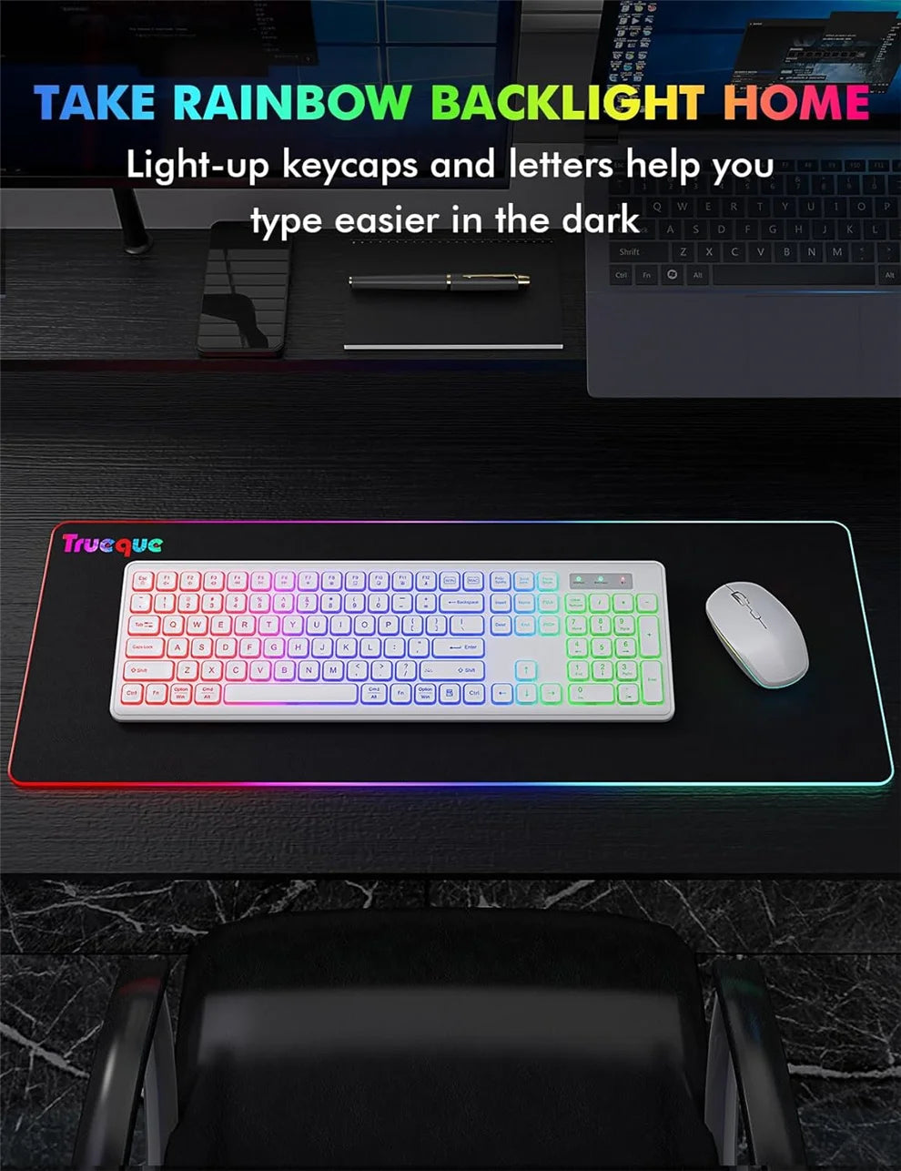USB Wireless Keyboard and Mouse Set RGB Backlit Rechargeable Light Up Letters Full-Size Wireless Keyboard for Computer