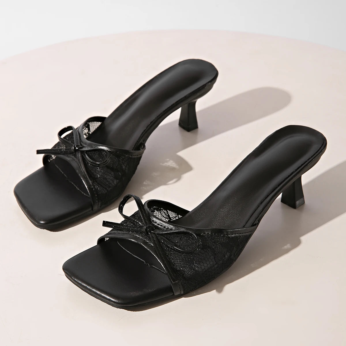 Fancy Lace Flower Mule Sandals Woman Square Toe Kitten Heel Slide Slippers Ladies Black Brown Net Bowknot Design Party Shoes