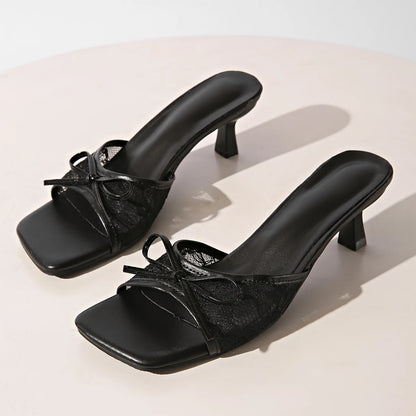 Fancy Lace Flower Mule Sandals Woman Square Toe Kitten Heel Slide Slippers Ladies Black Brown Net Bowknot Design Party Shoes