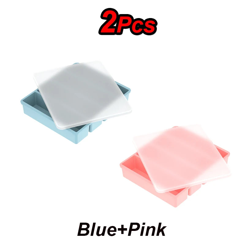 4 Grid Big Ice Tray Long Strip Square Whiskey Ice Cubes Silicone Mold With Lid Non-toxic Durable Pub Wine Ice Blocks Maker Model