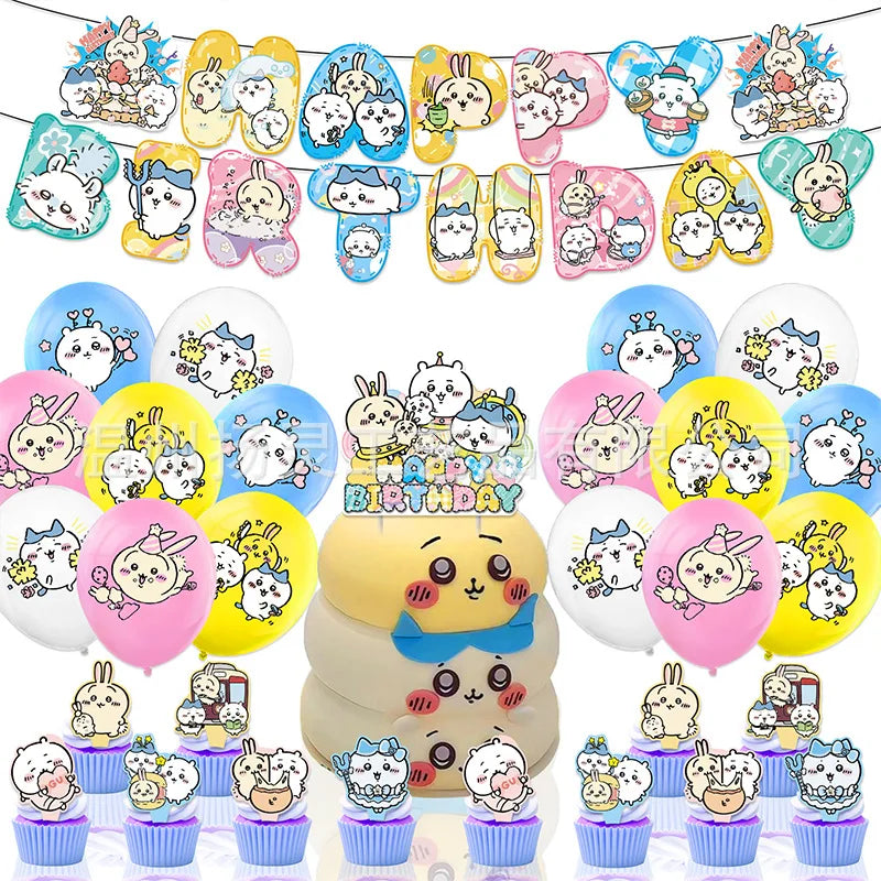 kawaii Chiikawa Birthday Party Disposable tableware Banner Cake Topper Hanging Flag Latex Foil Balloons Birthday Decorations Toy