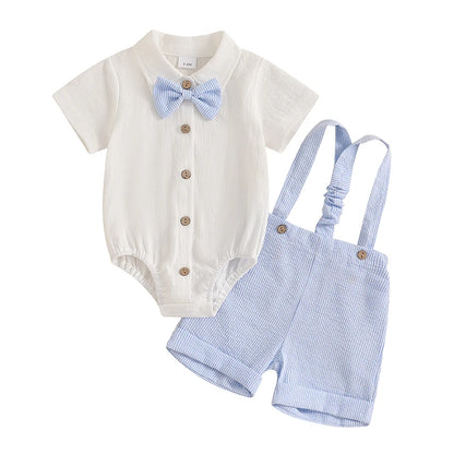 Infant Baby Boy Summer Gentleman Outfit Short Sleeve Lapel Neck Shirt Romper + Stripe Suspender Shorts + Bowtie for Newborn
