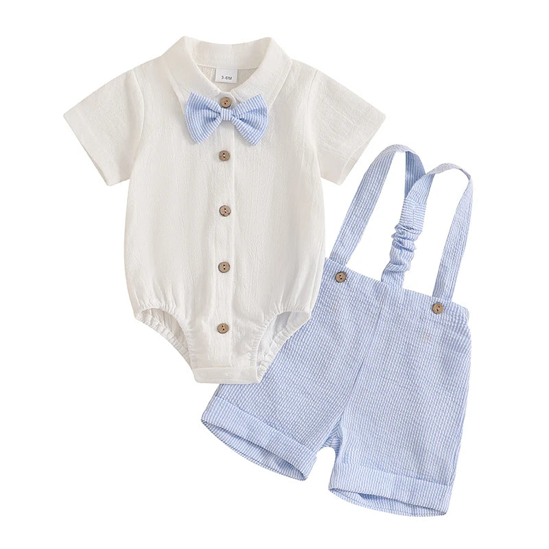 Infant Baby Boy Summer Gentleman Outfit Short Sleeve Lapel Neck Shirt Romper + Stripe Suspender Shorts + Bowtie for Newborn