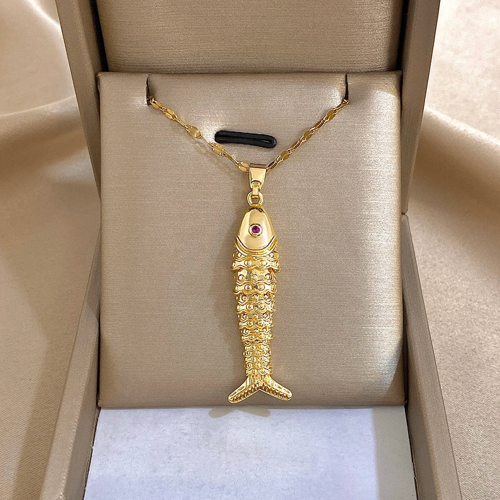 18K Gold Plated Stainless Steel Fish Pendant Necklace for Women