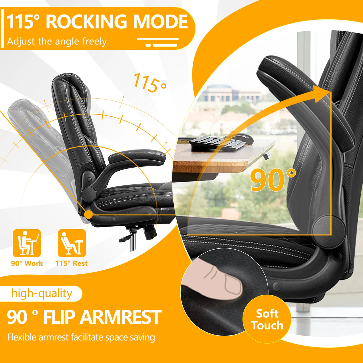 KERDOM Office Desk Chair, Mid Back Executive Leather Chair,Ergonomic Home Computer Chair,Modern Conference Room Chairs with Adjustable Flip-Up Arms and Rocking Function, Black