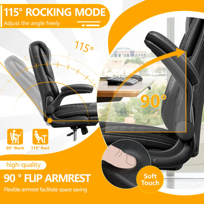 KERDOM Office Desk Chair, Mid Back Executive Leather Chair,Ergonomic Home Computer Chair,Modern Conference Room Chairs with Adjustable Flip-Up Arms and Rocking Function, Black
