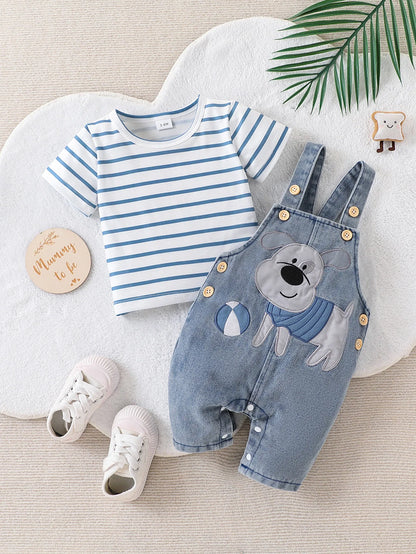 Baby Boy Striped T-Shirt + Cartoon Bear Denim Overalls Set, Cute Summer Casual Outfit for Going Out