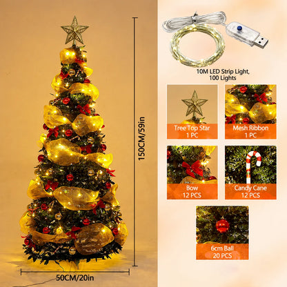 Foldable PVC Christmas Tree 1.5/1.8/2.1M with DIY Ornaments & USB Remote LED String Lights, Retractable Xmas Tree for Home Holid