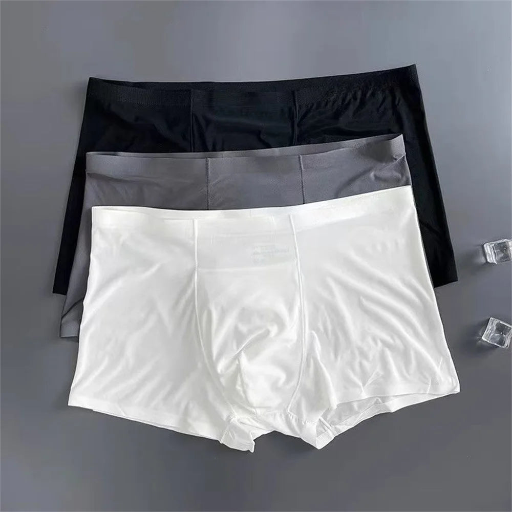 3 Pc Summer Ice Silk Underwear Men Sexy Boxers Seamless Male Underpants Plus Size Ultra-thin Trunk Shorts