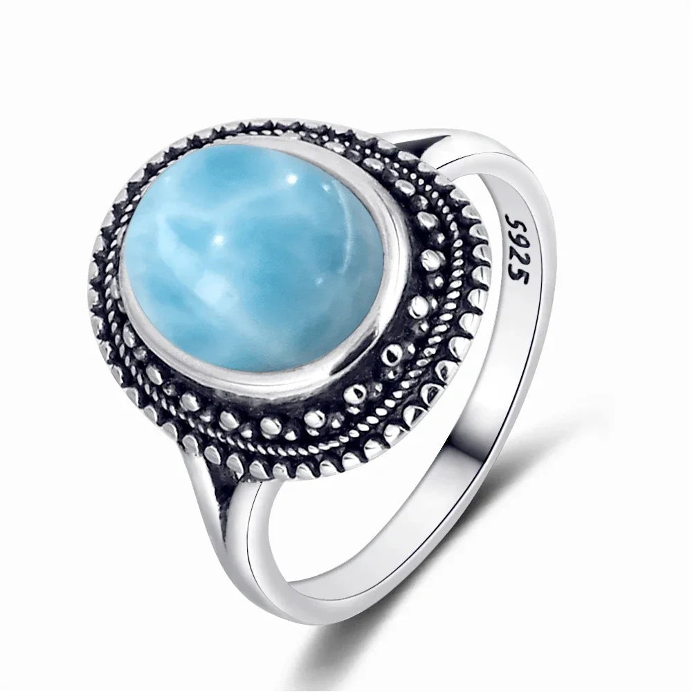 Vintage 925 Silver Ring Natural Larimar Stone Round Flower Shape Sky Blue Sea Water Ring Fine Jewelry Party Gifts For Women Men