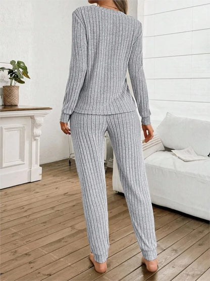 Casual V-neck Knitted Pit Strip T-shirt Long-sleeved Womes Suit Autumn Winter New Slim Fit Trousers Female Home Wear 2-piece Set