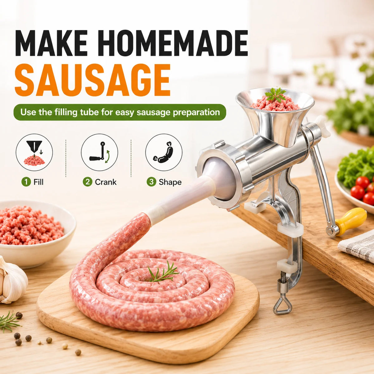 ZNLYRION Stainless Steel Manual Meat Grinder Hand Crank Mincer Sausage Stuffer Machine Table Clamp Design Household Kitchen Tool for Mincing Meat Vegetables Making Sausage