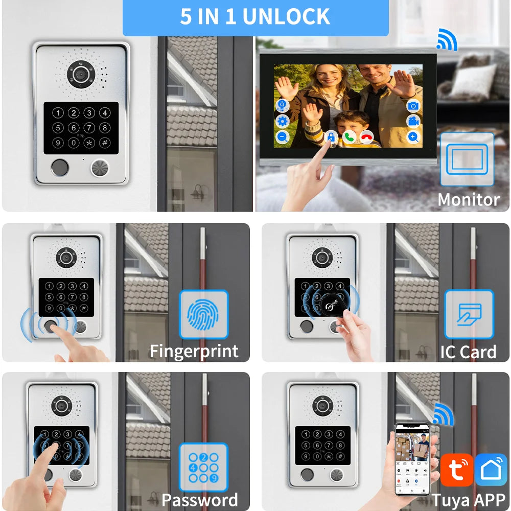ANJIELO 4-Wire Video Intercom System with 10-inch Touch Screen 5-in-1 Unlock Tuya Smart APP Control IP65 Waterproof Night Vision