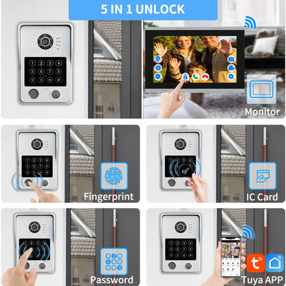 ANJIELO 4-Wire Video Intercom System with 10-inch Touch Screen 5-in-1 Unlock Tuya Smart APP Control IP65 Waterproof Night Vision