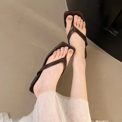 2025 New  Summer New Soft Leather Square Toe Cat with Flip-flops Women Fashion Thin Belt Thin Heel Soft Sole Flip-flops