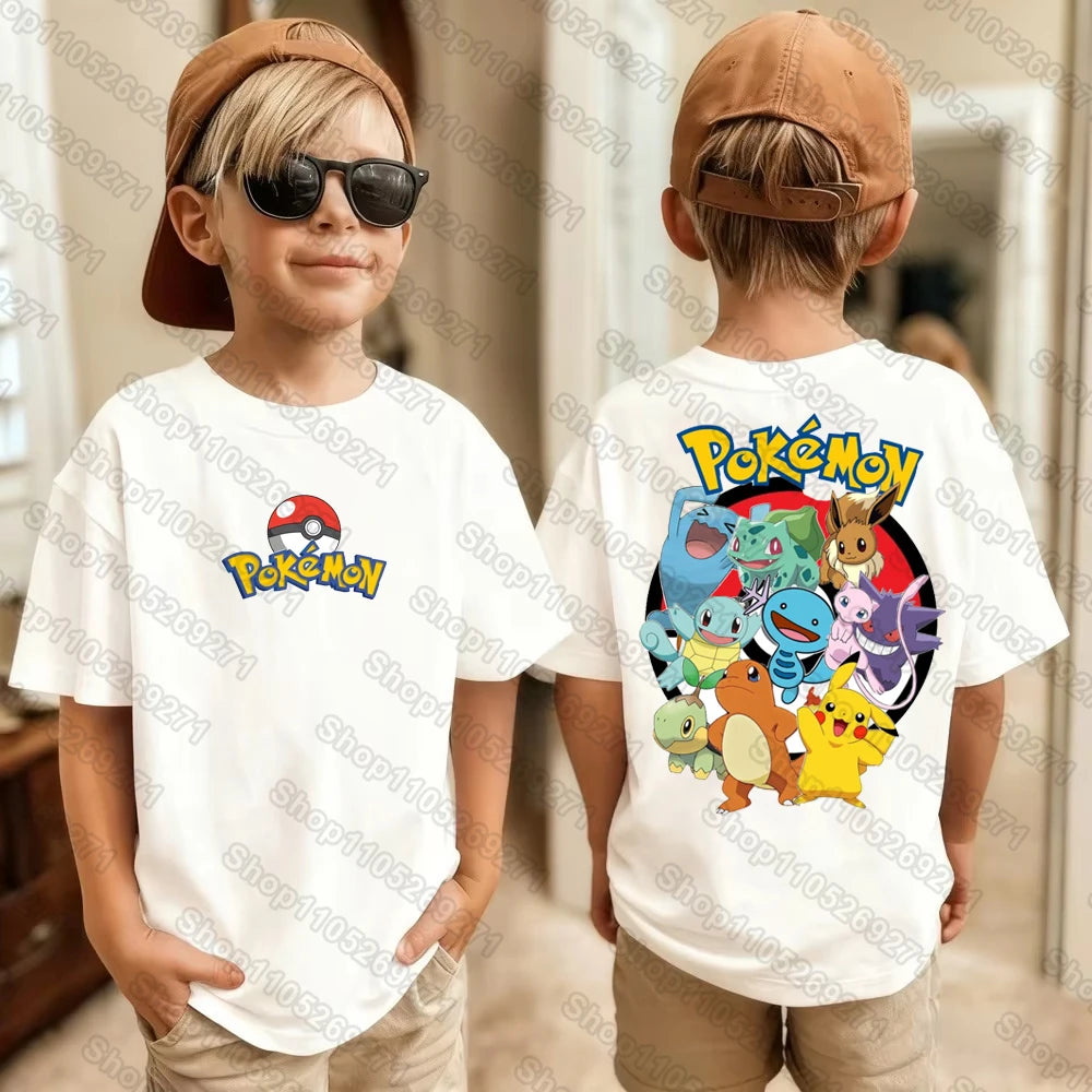 Pokemons Pikachu Cartoon Kids Printed T-Shirts Boys Girls Casual Short Sleeves Tops Children's Harajuku Fashion Tee Clothing