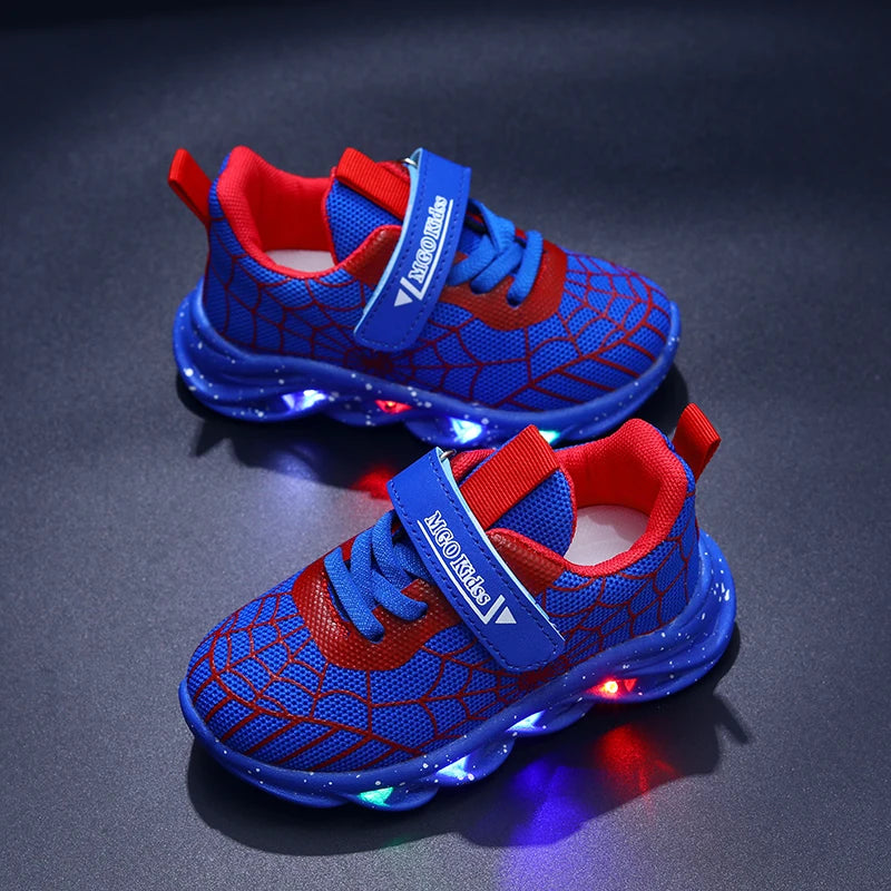 Mgo Children's Boys' Shoes, Light-Up Shoes, Lightweight Shoes, 2024 Spring and Autumn New Flashing Shoes, Fashionable Spider Web Trendy Shoes, Boys' Children's Sports Shoes, Mesh Spring Shoes Suitable for 1-3 Years Old, Child