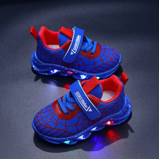 Mgo Children's Boys' Shoes, Light-Up Shoes, Lightweight Shoes, 2024 Spring and Autumn New Flashing Shoes, Fashionable Spider Web Trendy Shoes, Boys' Children's Sports Shoes, Mesh Spring Shoes Suitable for 1-3 Years Old, Child