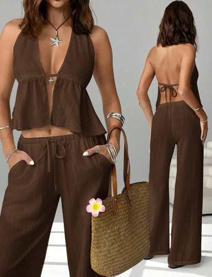 Fashion White Woman 2 Piece Set Outfit Spring And Summer Women's Halter Neck Strap Sexy Backless Sleeveless Vest Slim Suit