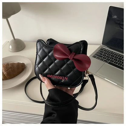 Lovely Cat Pattern Women Handbag Fashion Rhombus Grid Shoulder Bag Sweet Bowknot Crossbody Bag