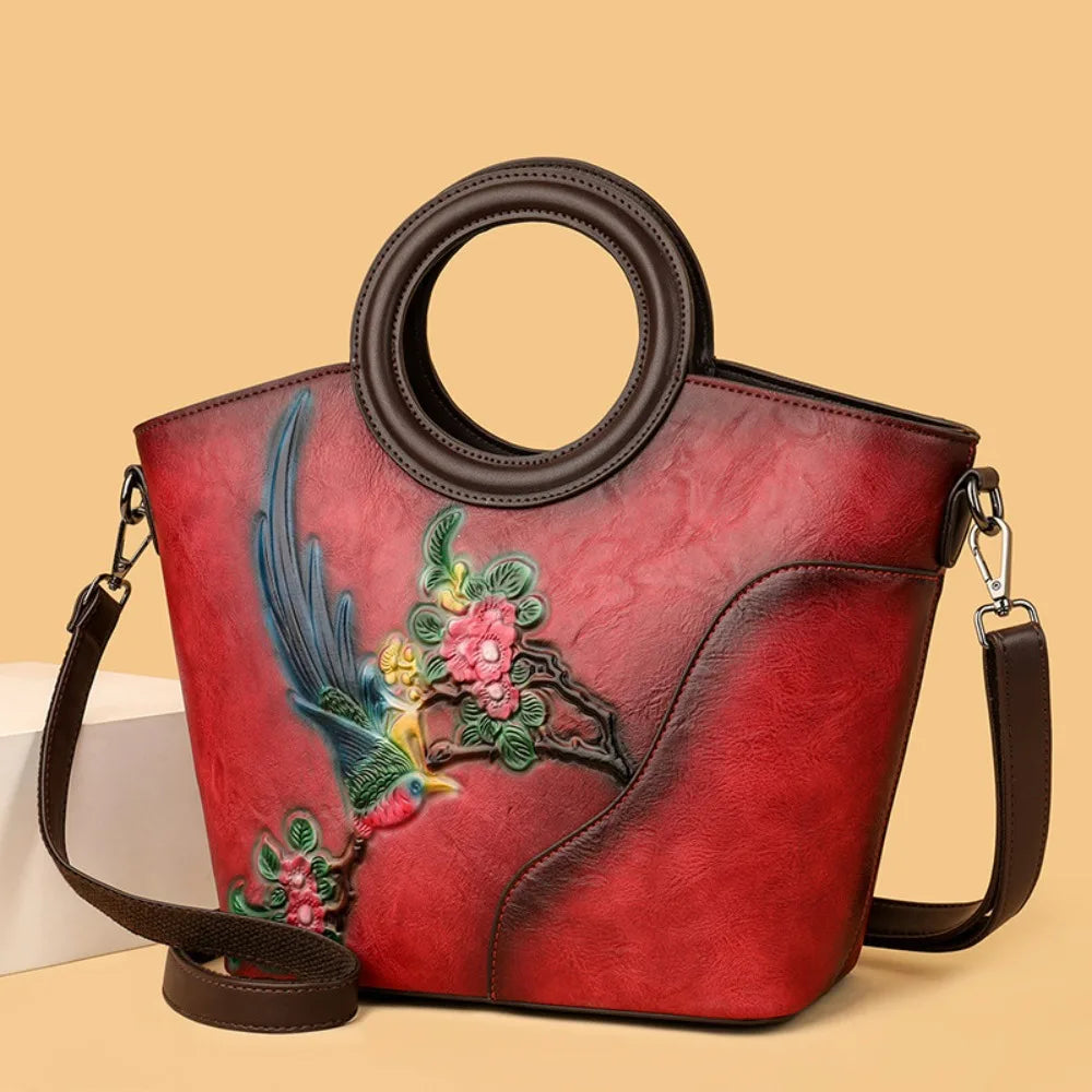 2026 New Handmade Painting Vintage Bucket Bag for Women Genuine Leather Textured Top Handle Shoulder Crossbody Handbag Purse