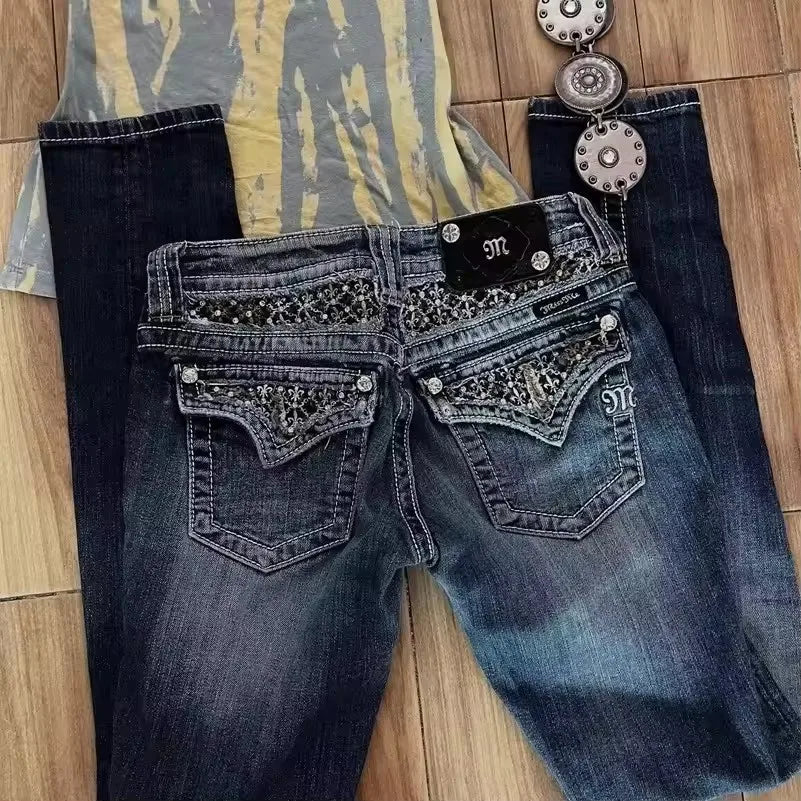 Women Bling Rhinestone Jeans Wings Pocket Embroidered Vintage Y2K Streetwear Hip Hop Dark Wash Cargo Denim Pants Fashion Trouser