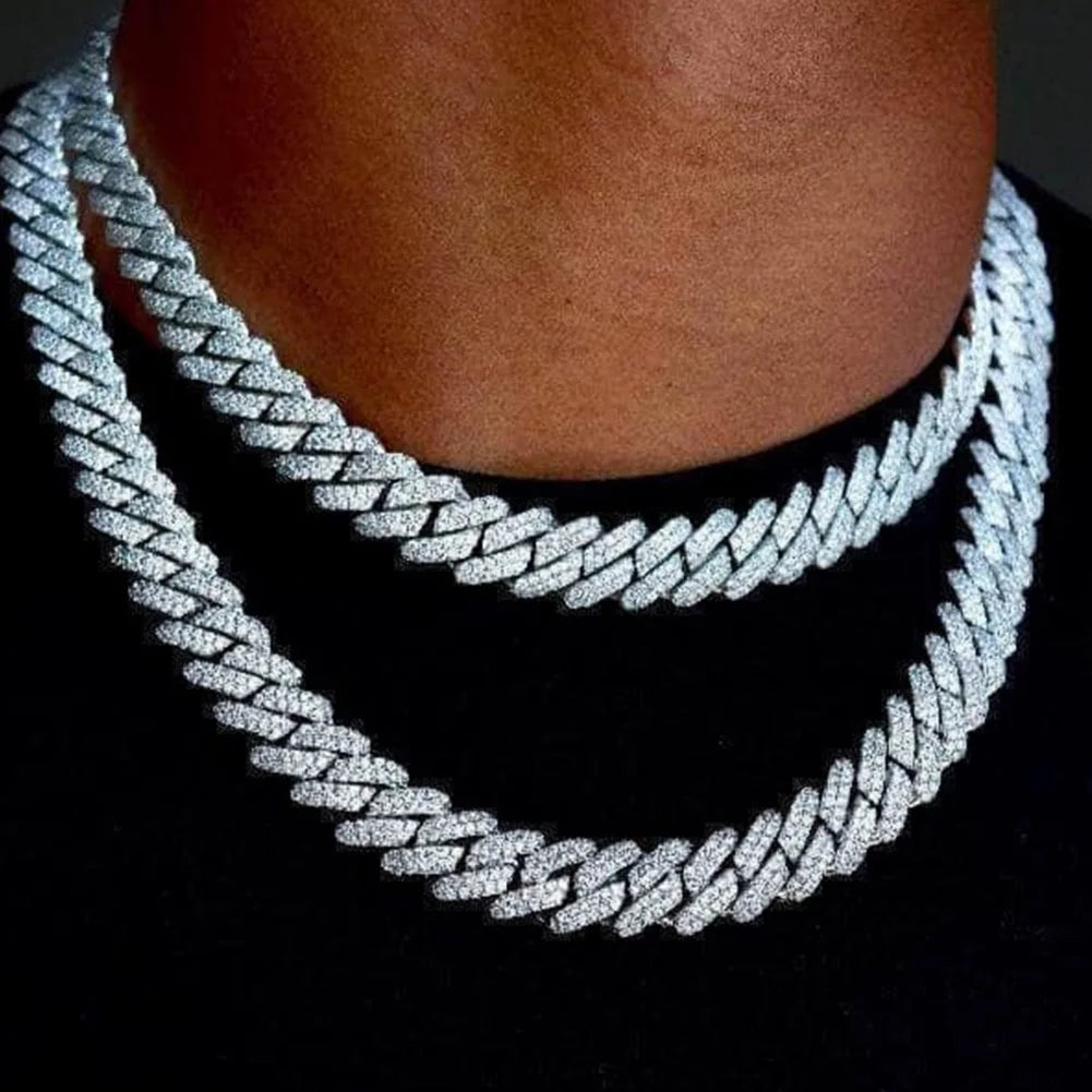 14mm Iced Out  Prong Cuban Link Chain Necklace for Men Women 2 Row Rhinestone Paved Miami Rhombus Hip Hop Jewelry Wholesale