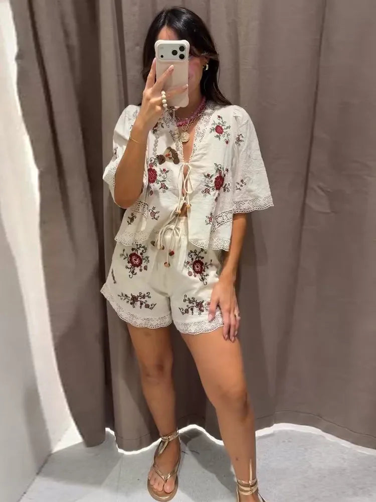 Floral Embroidered Linen-Blend Kimono Half-Sleeve Shirt & Lace Trim Shorts 2-Piece Set 2026 Summer Casual Women Office Outfit