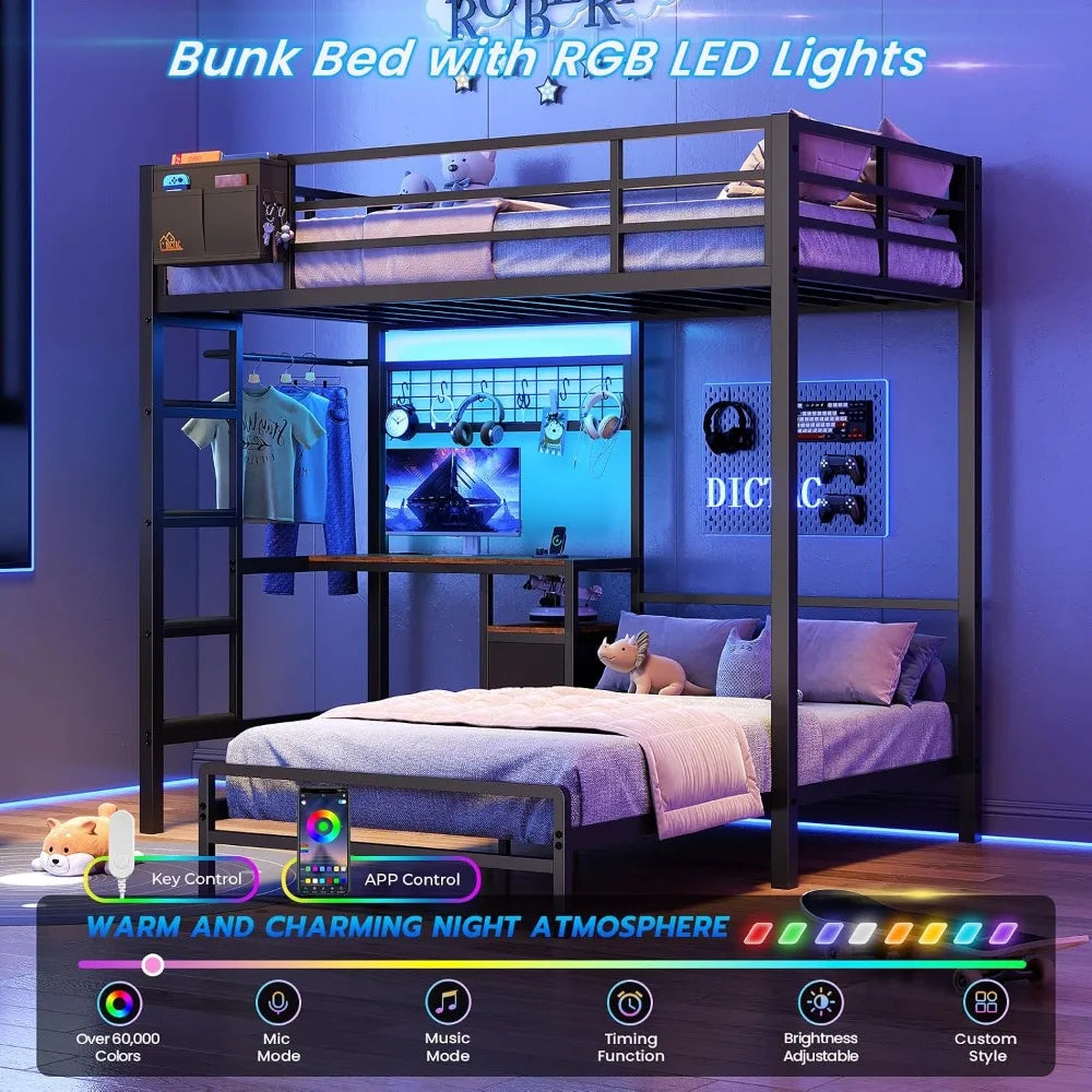 Twin Over Twin Bunk Bed,Built-in Desk & Charging Station & LED Lights with Storage Drawers,Bedroom Furniture, Custom