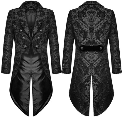 Golden Men's Gothic Steampunk Tailcoat, Black Embroidered Trench Coat, Party/stage Performance Long Jacket.