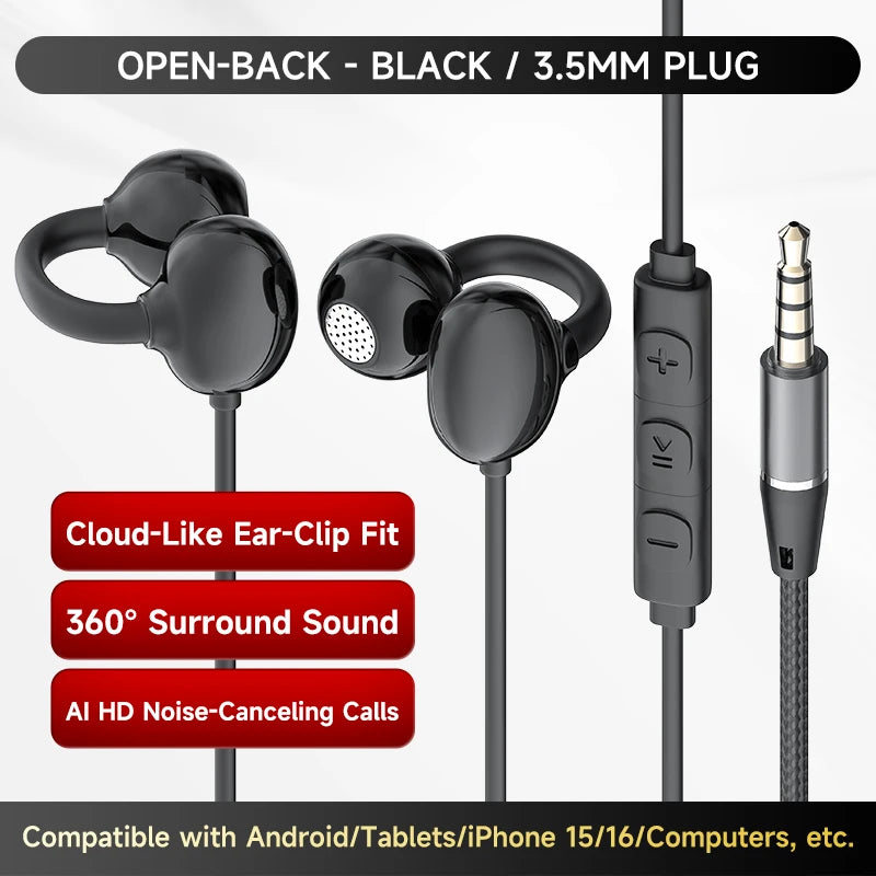 Hellodigi Wired Earphones With Microphone Ear Clip Wired Earbuds 3.5mm/Type-C Plug for PC Laptop iPhone 15 Samsung HIFI Earsets