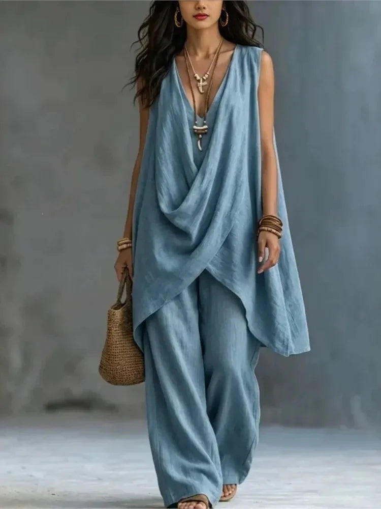 Women's Fashion Cotton Linen Irregular Sleeveless Long Tops 2-piece Set Spring Summer New Casual Wide-leg Trousers Female Suit
