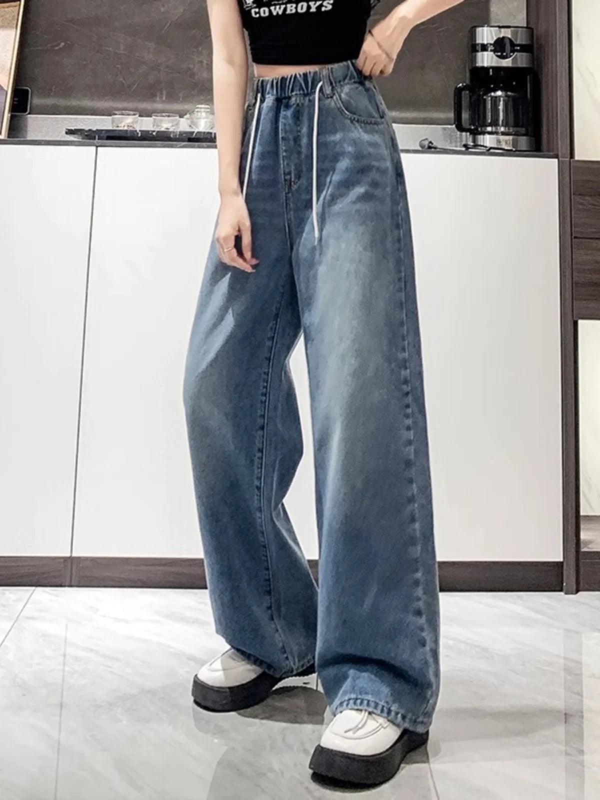 Loose Fit High Waist Wide Leg Jeans Women plus Size Light Blue Elastic Waist Dstring Trousers Autumn Faion plus Size