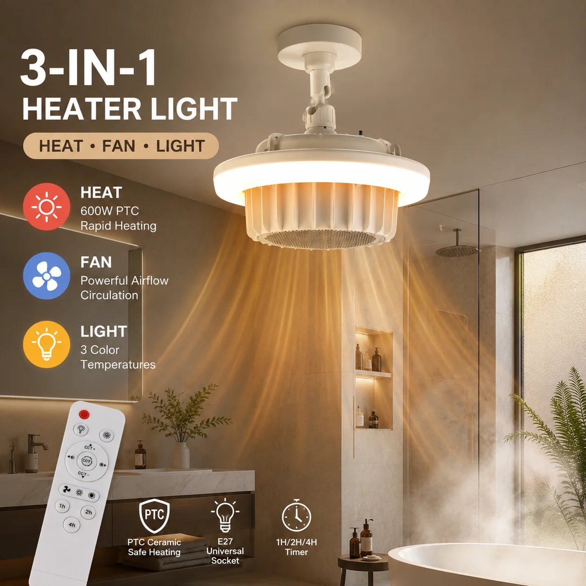 3-in-1 Bathroom Heater Fan Light 600W PTC Heating E27 Socket 3 Color LED Ceiling Lamp with Remote Control And 1H 2H 4H Timer