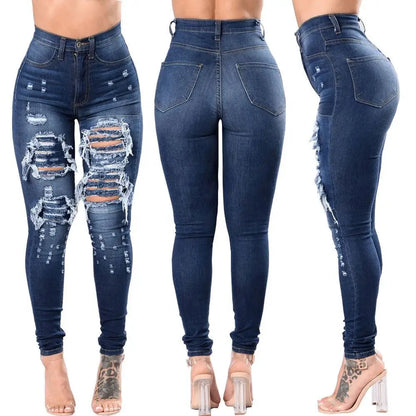 Custom Women's High Elastic Waist Stretch Ripped Straight Jeans Distressed Canvas Pants OEM Wholesale Manufacturer