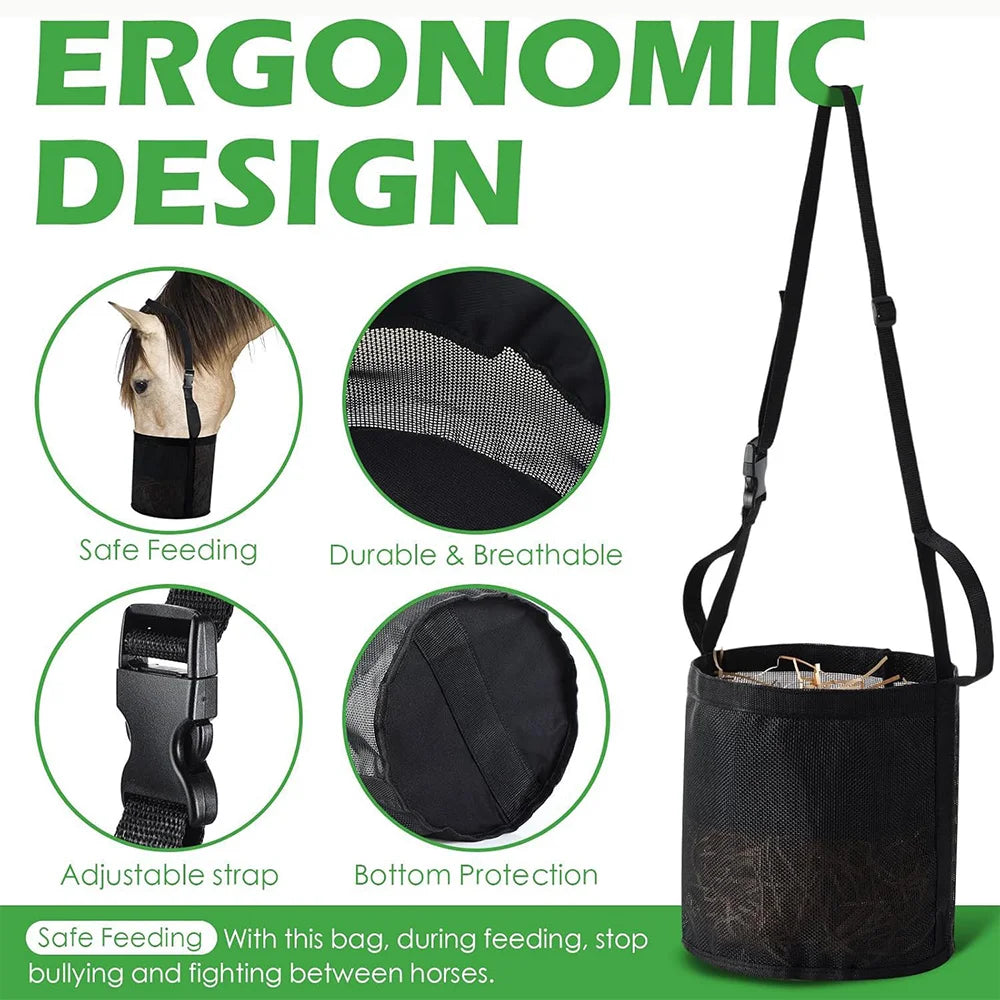 Horse hay feeding bag with adjustable neck, portable outdoor pet animal feed bag, easy to carry, suitable for horses, cattle, sheep, mules, and donkeys