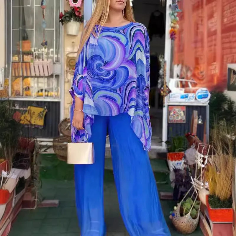 Women Fashion Trousers Two Piece Set For Women 2026 Summer Loose Casual Print Blouse Elegant 2 Piece Sets Woman Tops+Pants Suit