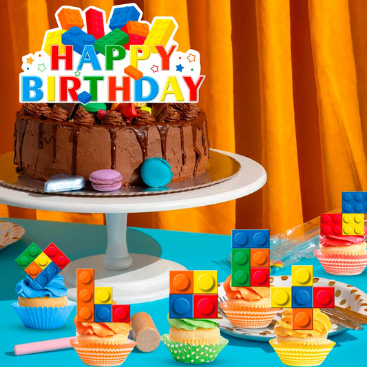 Building Blocks Cake Topper, 24 Pcs Building Block Birthday Party Cupcake Toppers + 1 Pcs Building Block Birthday Cake Topper