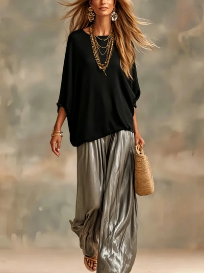 Fashion Women Trousers Suits Loose Round Neck Batwing Sleeve Knit T-shirt with Satin Wide-leg Pants Autumn Elegant Two Piece Set