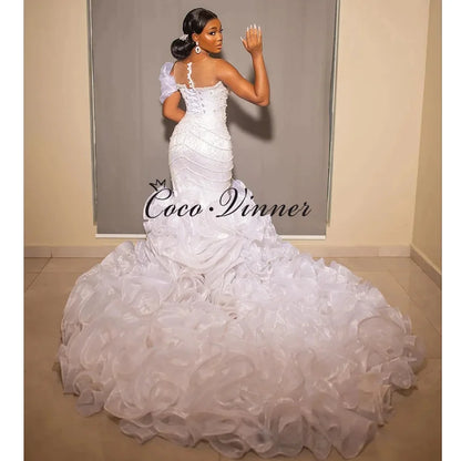 Customized Ruffle Train Fashion Mermaid Wedding Dress 2026 New Sexy V Neck One Shoulder Africa weddings dresses bridal W1490