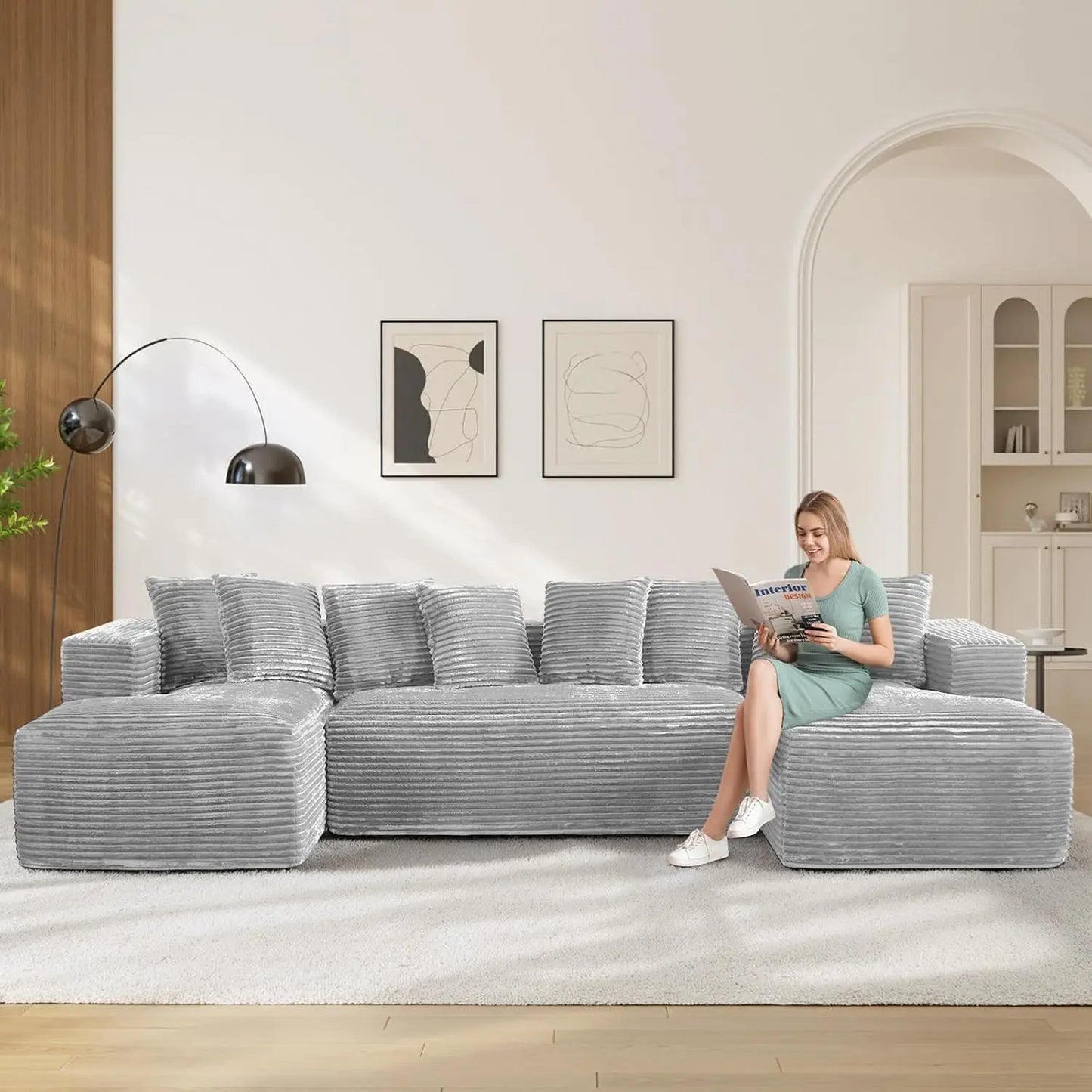 131" Oversized Cloud Boneless Couch Sofa with Chaise, Black, Custom