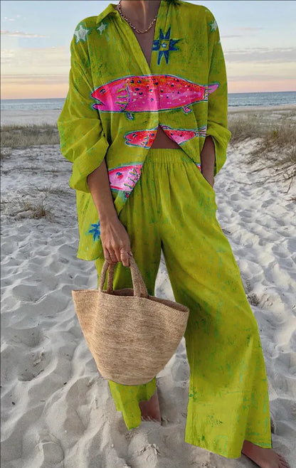Summer Casual Shirts Two Piece Outfits 2 Pieces Set For Woman New In Matching Sets Blouse For Woman Temperament Vacation Printed