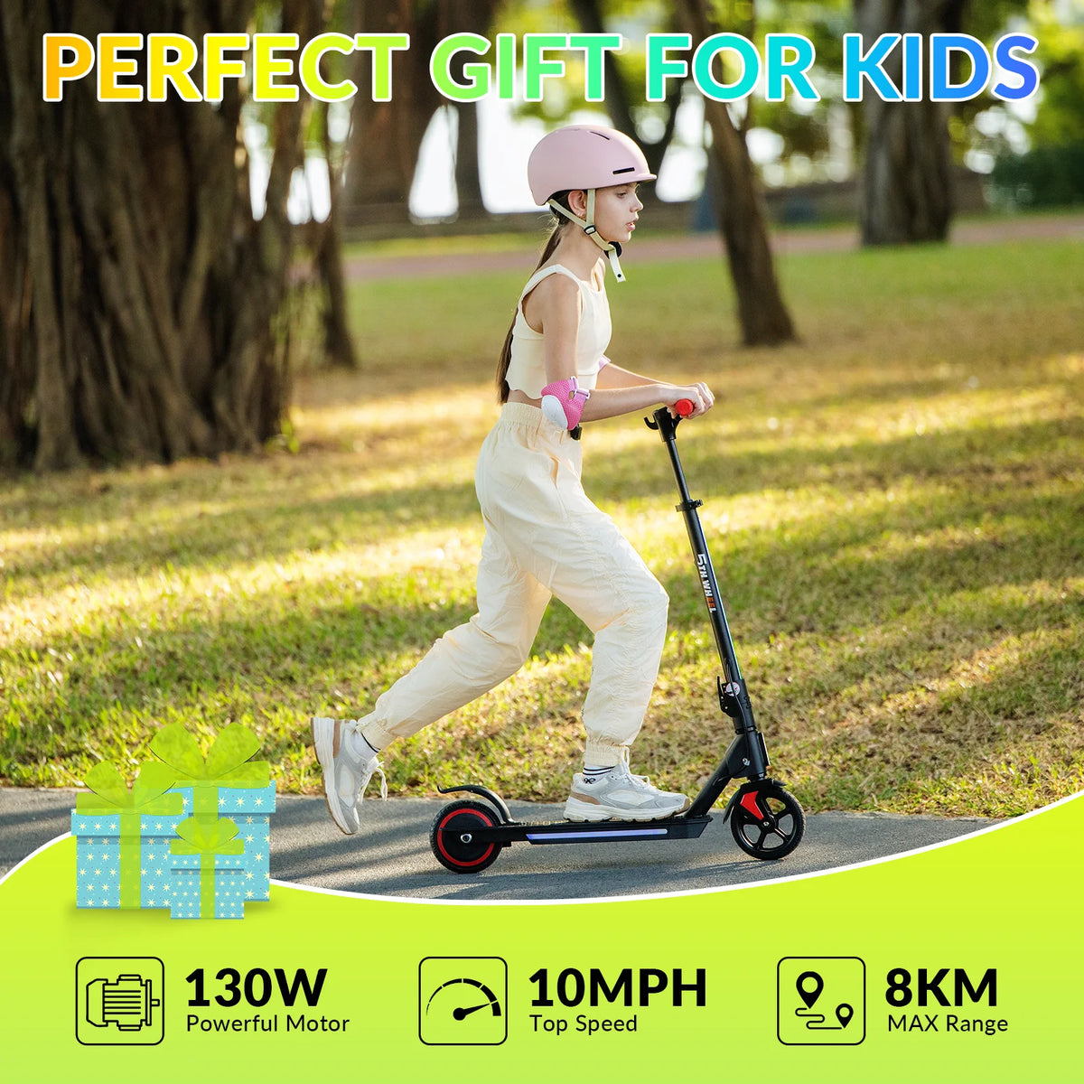 5TH WHEEL Kids Electric Scooter for Ages 8+, Foldable E Scooter with 130W Motor, Up to 10 MPH & 5 Miles Range, 3 Speed Modes, LED Display, Adjustable Height