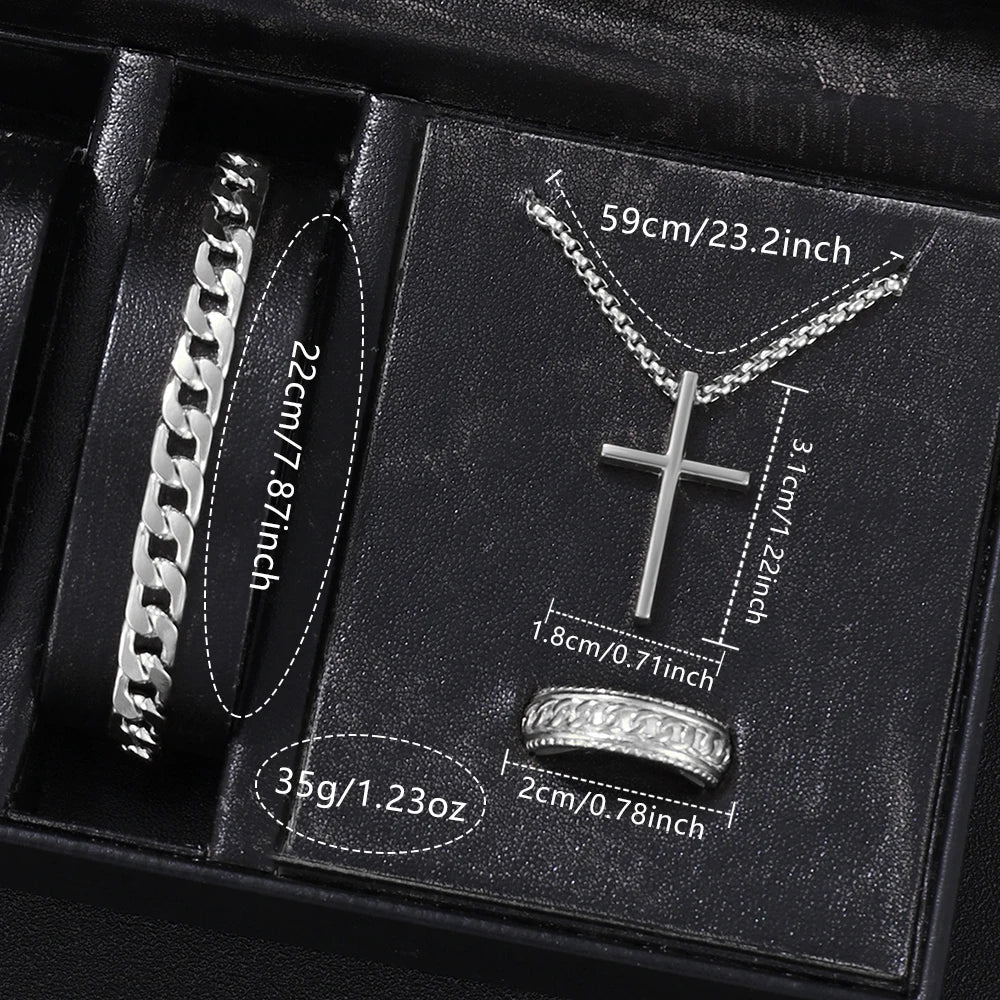 Men's 4-Piece Watch Gift Set | Quartz Watch, Cross Pendant, Ring & Bracelet | Gift for Him