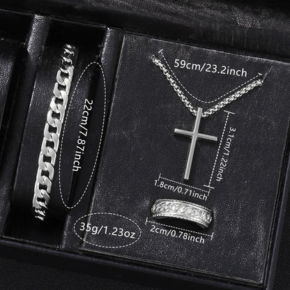 Men's 4-Piece Watch Gift Set | Quartz Watch, Cross Pendant, Ring & Bracelet | Gift for Him