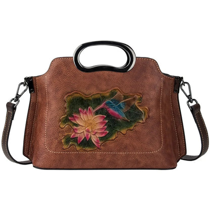 2026 Vintage Genius Leather Tote Bags Large Capacity Floral Print Shoulder Bags Ladies Travel Commuting Handbags